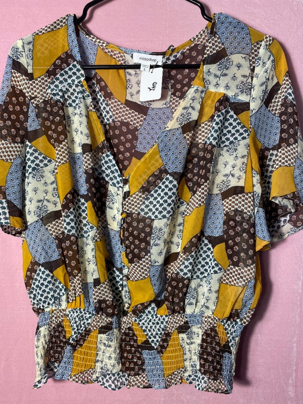 Patchwork motif blouse. Semi-sheer. Wms sz.L. Cottagecore.